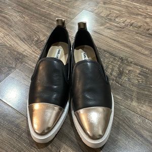 Black and gold toe slip on shoes